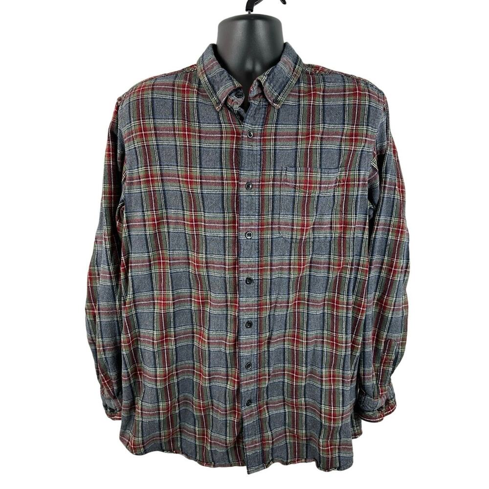 LL Bean Scotch Plaid Flannel Shirt Longsleeve Grey Red Size Large Tall